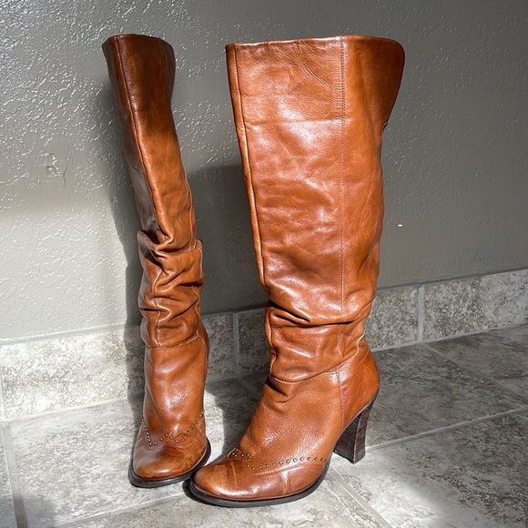 Kenneth Cole Reaction Chantell Brown Leather Slouch Heeled Knee Boots 8.5 - Picture 2 of 13